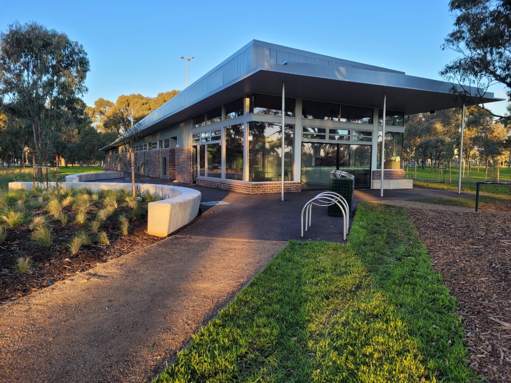 Western Pavilion, Royal Park — Pavilion entry and surrounds at dusk